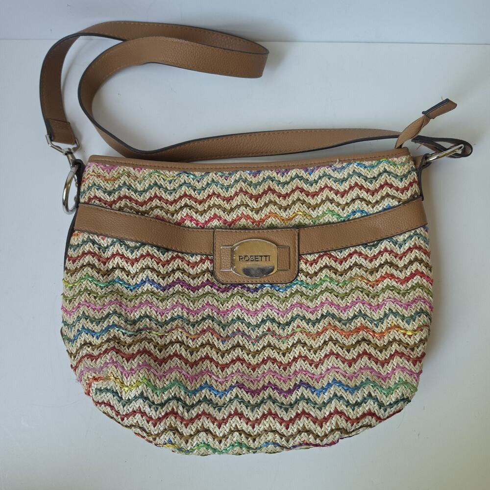 Rosetti Shoulder Purse Crossbody Bag Multicolor Chevron Boho Woven Straw Look
